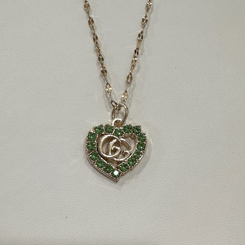 Gucci Interlocking G Heart Necklace Womens Gold Green Crystal Pendant